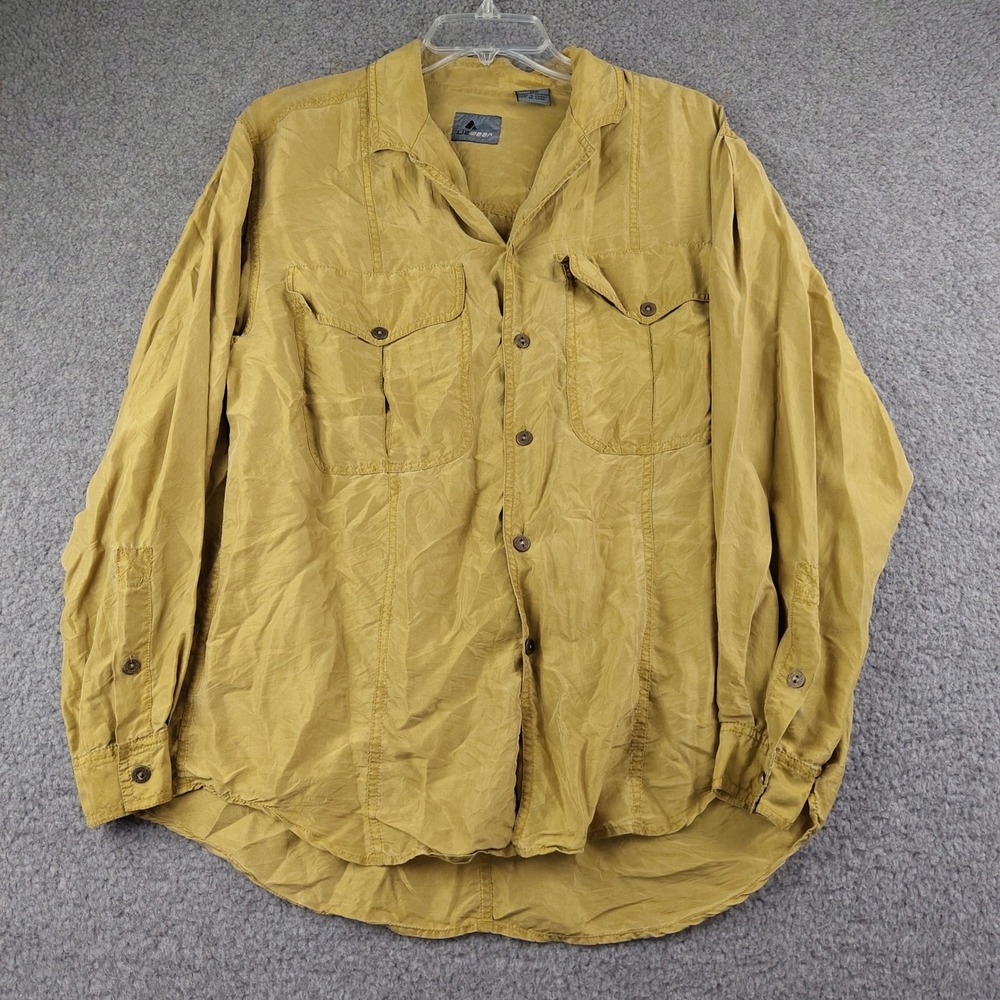 Lizwear Silk Button Up Shirt Womens Sz Large Mustard Yellow Long Sleeve EUC